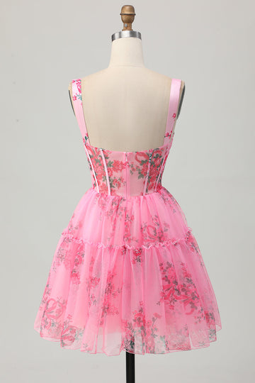Pink Flower A Line Corset Short Prom Dress